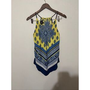 Byby Women's Size Medium Blue Yellow Halter Tank Top Handkerchief Blouse Top